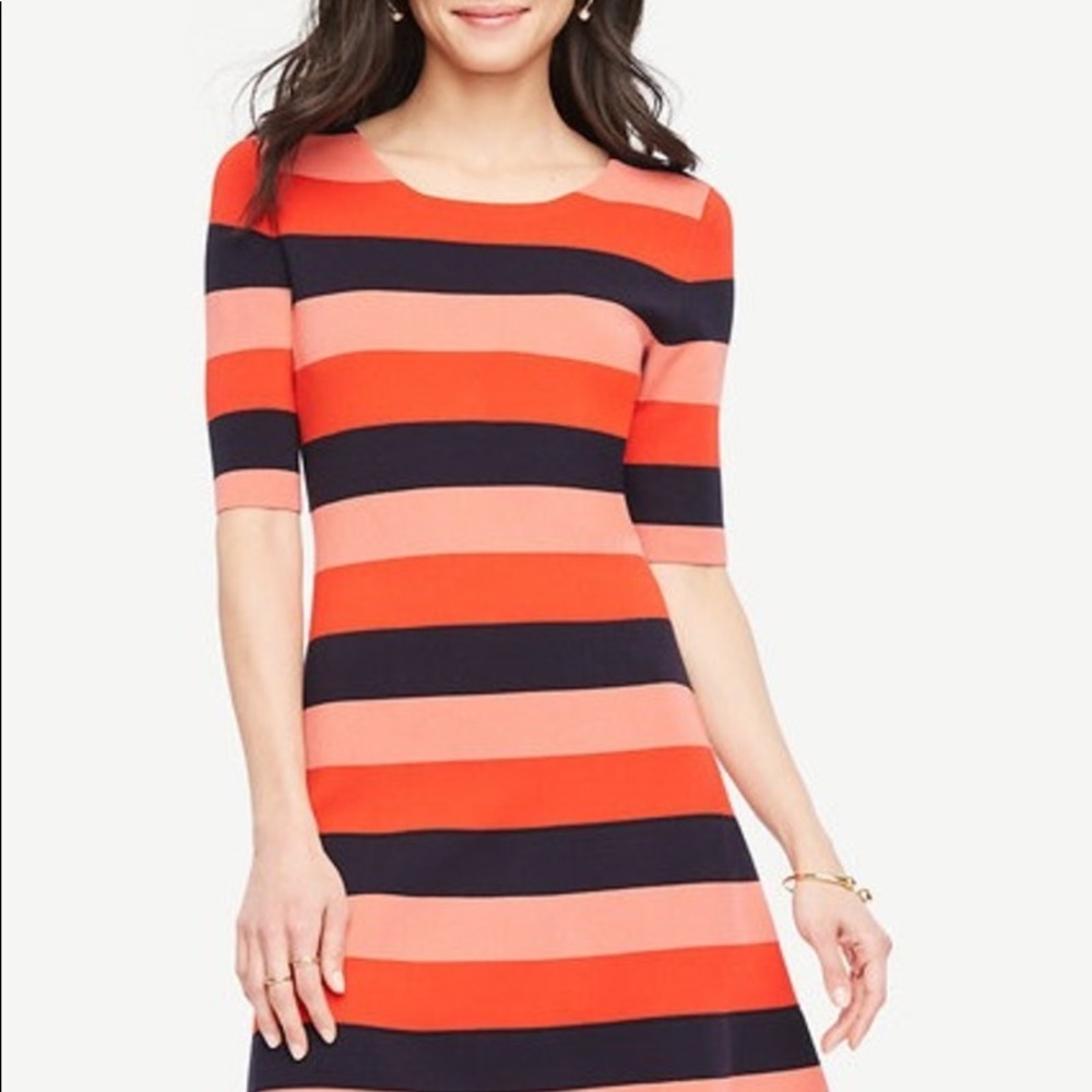 Ann Taylor sweater knit dress striped fit n flare coral pink navy half sleeves